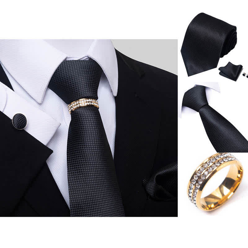 4Pcs Men's Micro-checked Necktie Set With Tie Ring