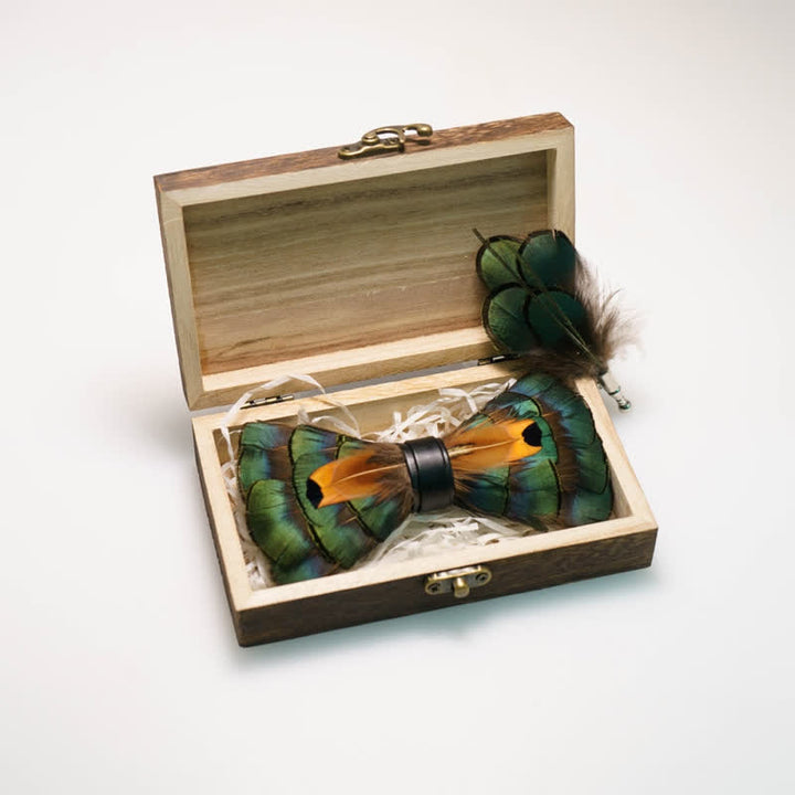 Emerald Green & Gold Feather Bow Tie with Lapel Pin