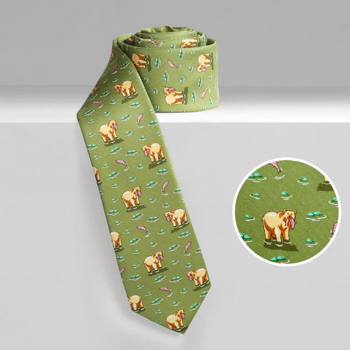 Men's Green Bear Catching Fishes Necktie