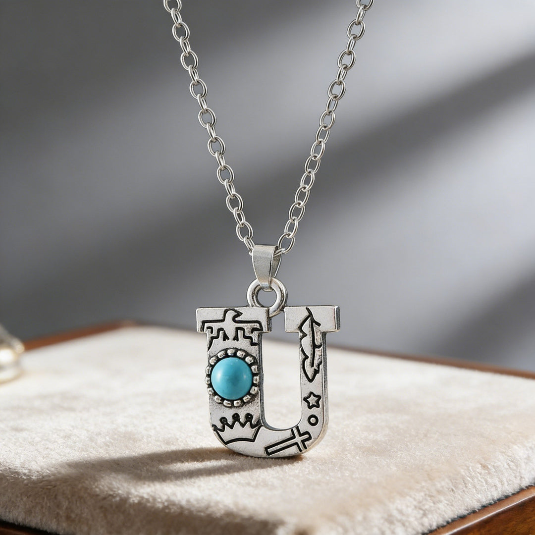 Vintage Initial Letter Turquoise Charm Necklace - U - image 23