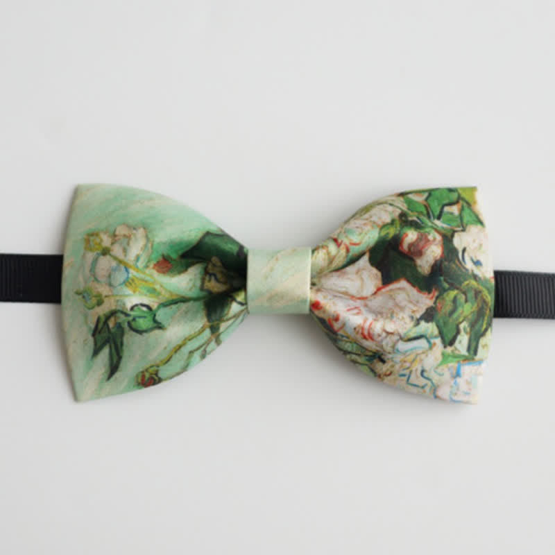 Men's Light Green White Roses Floral Bow Tie