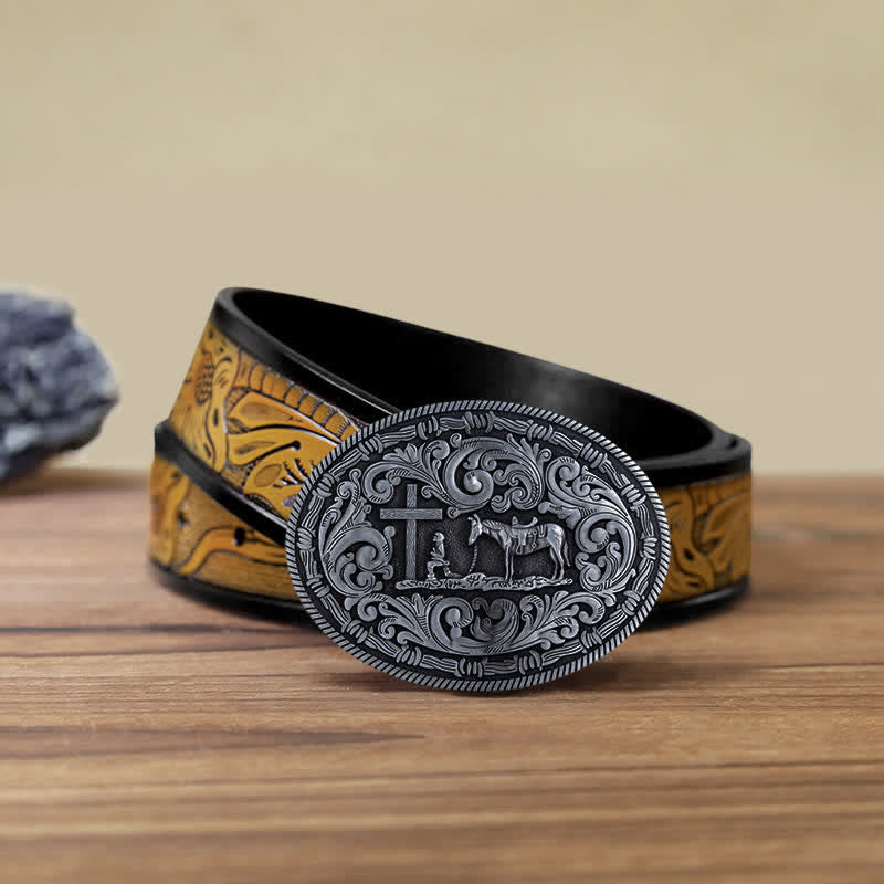 Men's DIY Praying Cowboy Oval Buckle Leather Belt