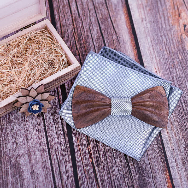 3Pcs Men's Hand Carved Crease Wooden Bow Tie Set