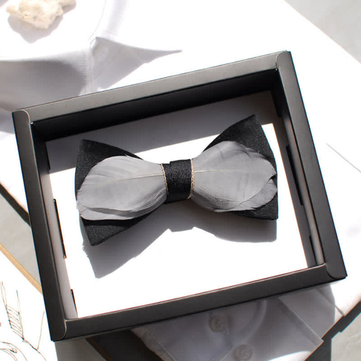 Gray & Black Velvet Feather Bow Tie