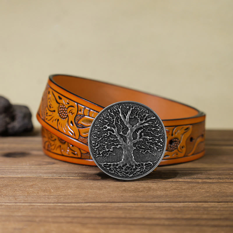 Men's DIY Tree of Life Round Buckle Leather Belt