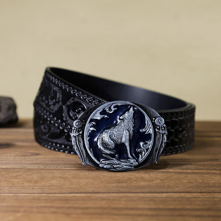 Men's DIY Enamel Domineering Howling Wolf Buckle Leather Belt