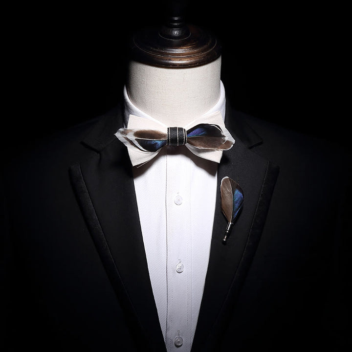 White Mallard Duck Feather Bow Tie with Lapel Pin