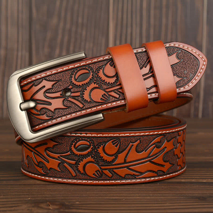 Men's Floral Embossed Pattern Leather Belt