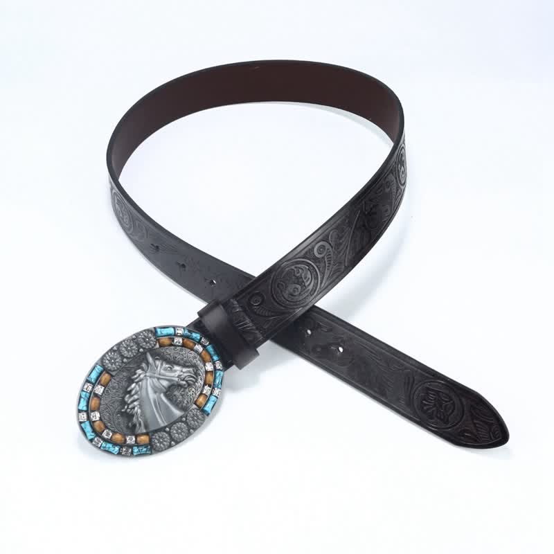 Men's Cowboy Horse Head Turquoise Leather Belt