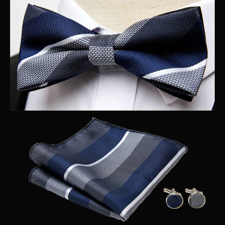 3Pcs Men's Classic Striped Bow Tie Pocket Square Set - Navy & Gray - image 1