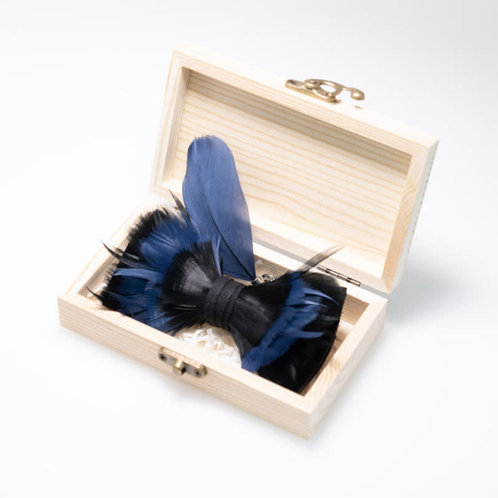 MidnightBlue & Black Feather Bow Tie with Lapel Pin