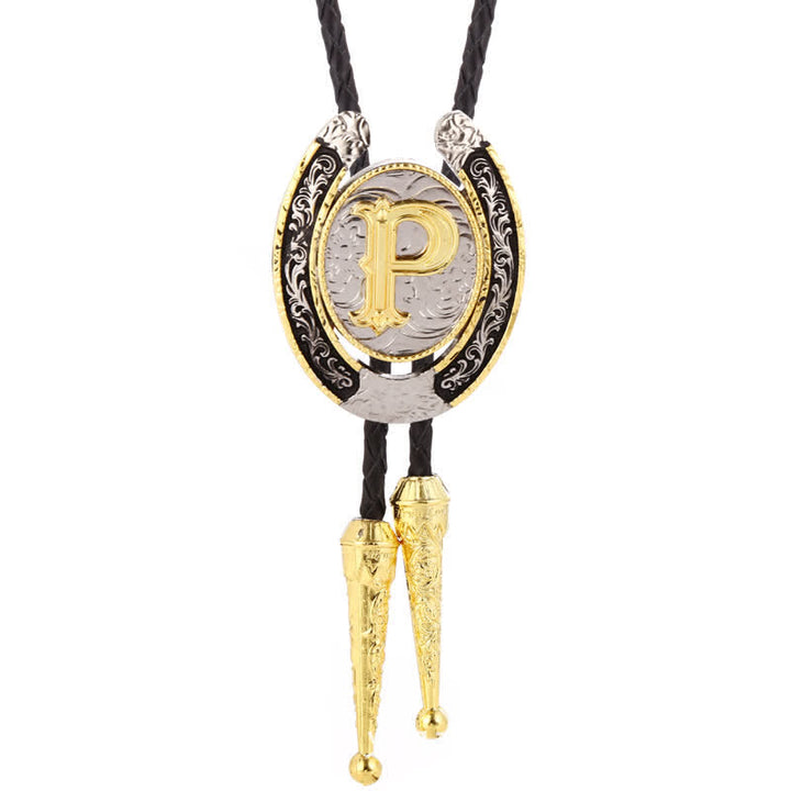 Modern Western Horseshoe Initial Letter A To Z Bolo Tie - Gold - P - image 19
