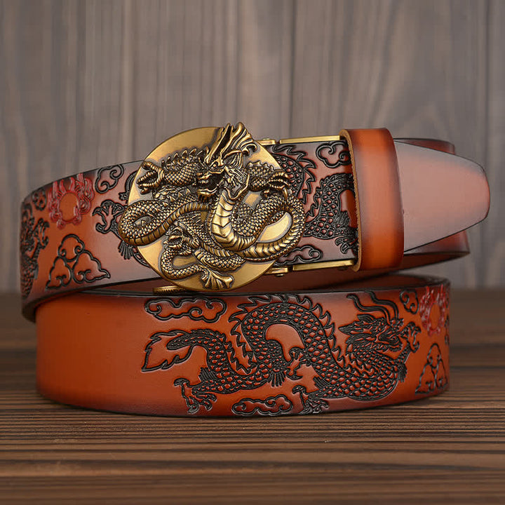 Men's Flame Dragon Round Automatic Buckle Leather Belt