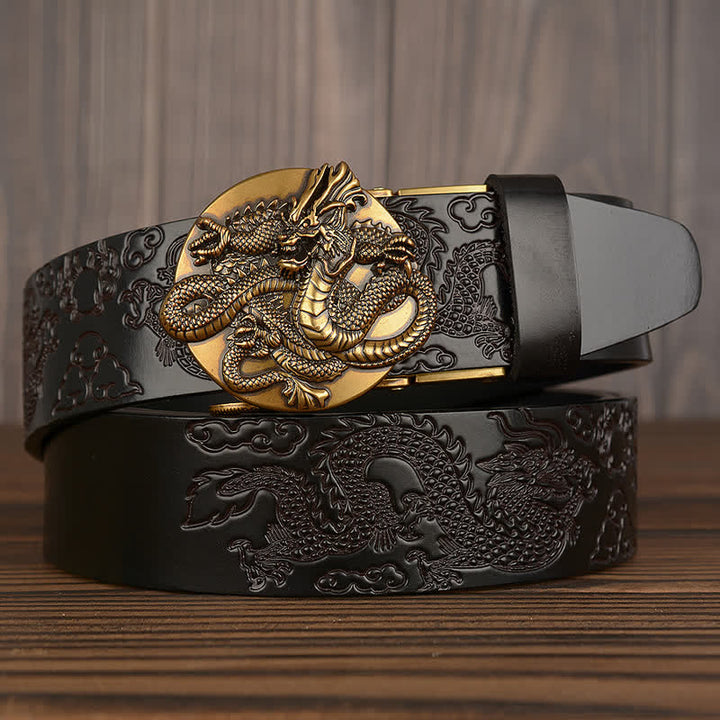 Men's Flame Dragon Round Automatic Buckle Leather Belt