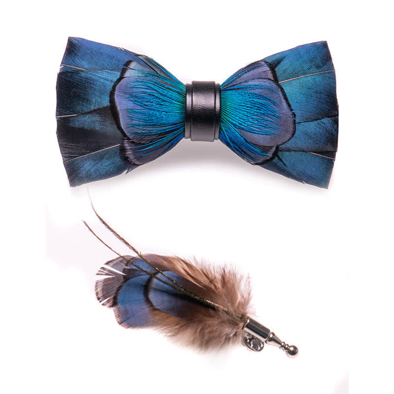 Cascading Navy Feather Bow Tie with Lapel Pin