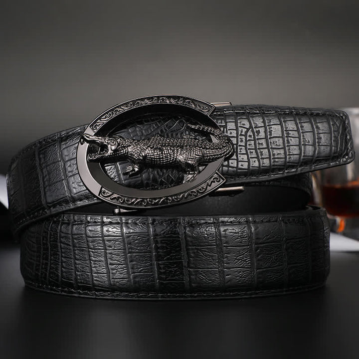 Men's Alligator Automatic Buckle Crocodile Print Leather Belt - Black / Black - 42 - image 6