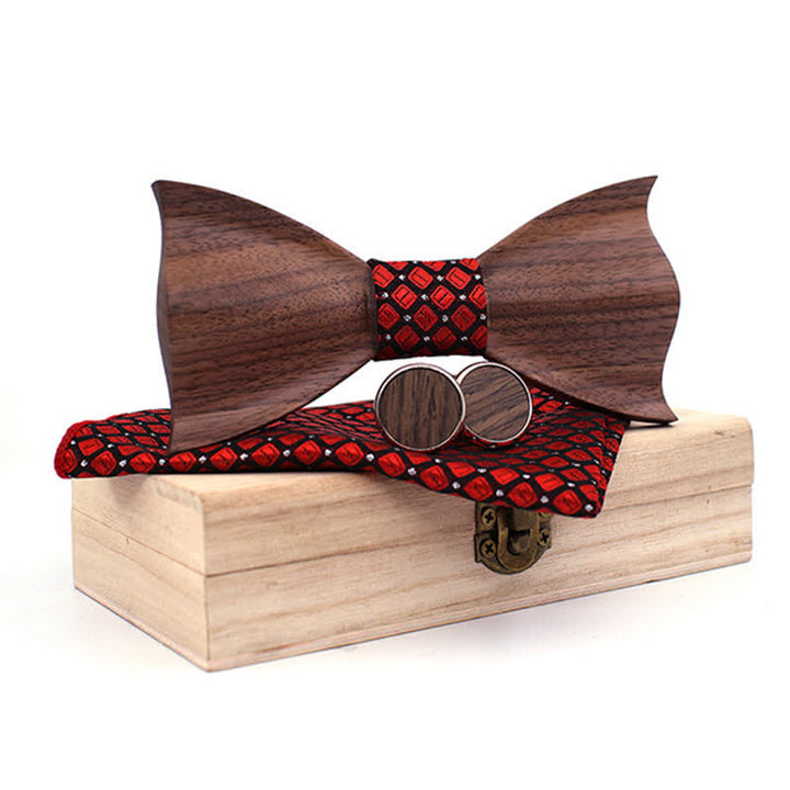 3Pcs Men's 3D Black Walnut Wooden Bow Tie Set