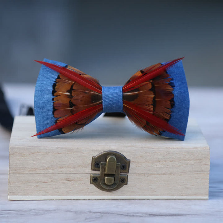 Brown Pheasant Intersected Red Feather Bow Tie