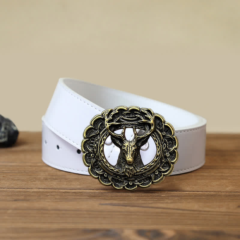 Men's DIY Hollow 3D Elk Antler Buckle Leather Belt