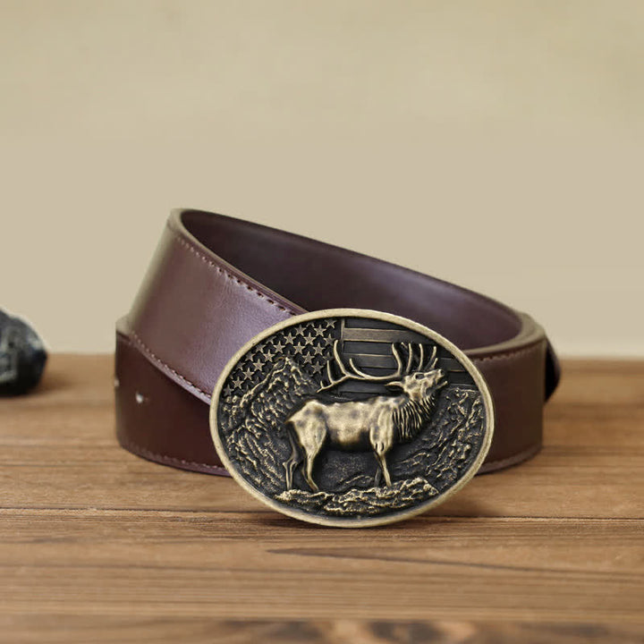 Men's DIY Elk Deer American Flag Buckle Leather Belt