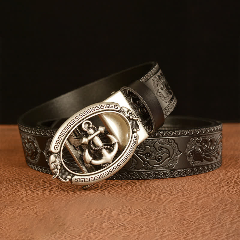 Men's Nautical Anchor Buckle Leather Belt