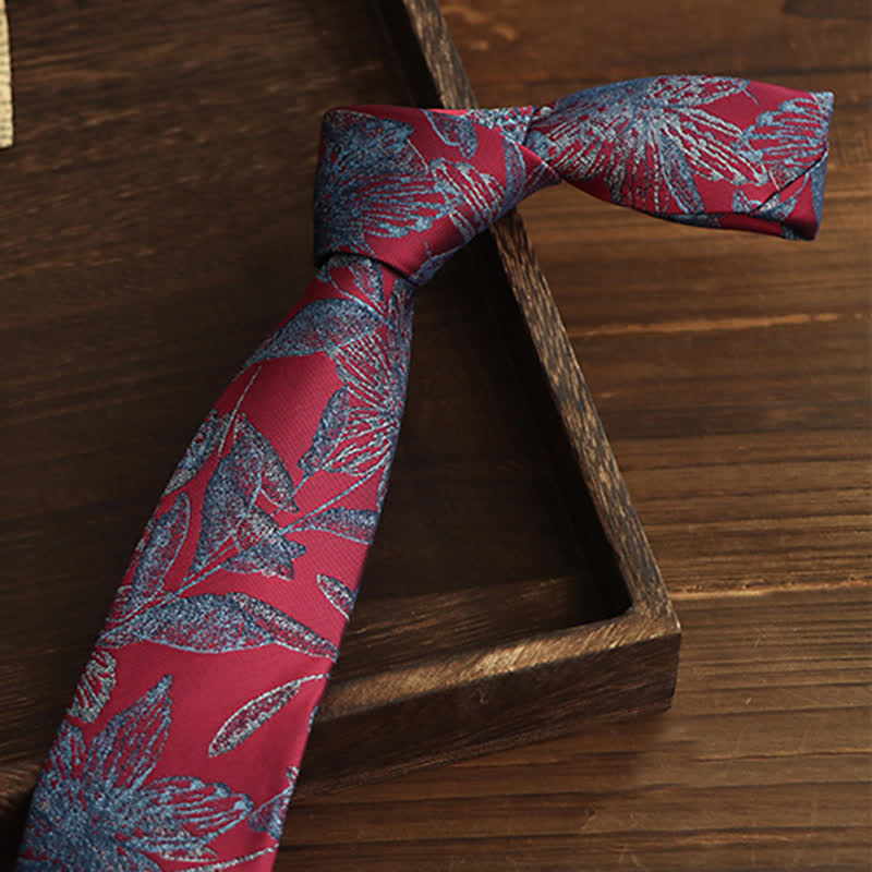 Red & CornflowerBlue Men's Floral Botanical Necktie