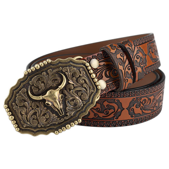 Men's Classic Floral Bull Skull Leather Belt