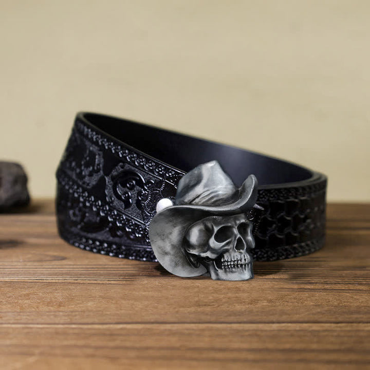 Men's DIY Creative Skull Head With Hat Buckle Leather Belt