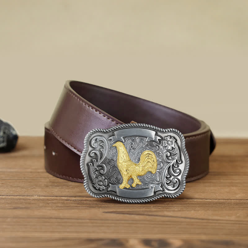 Men's DIY Gold Carving Animal Buckle Leather Belt - Cock - Brown PU Belt (40) - image 50