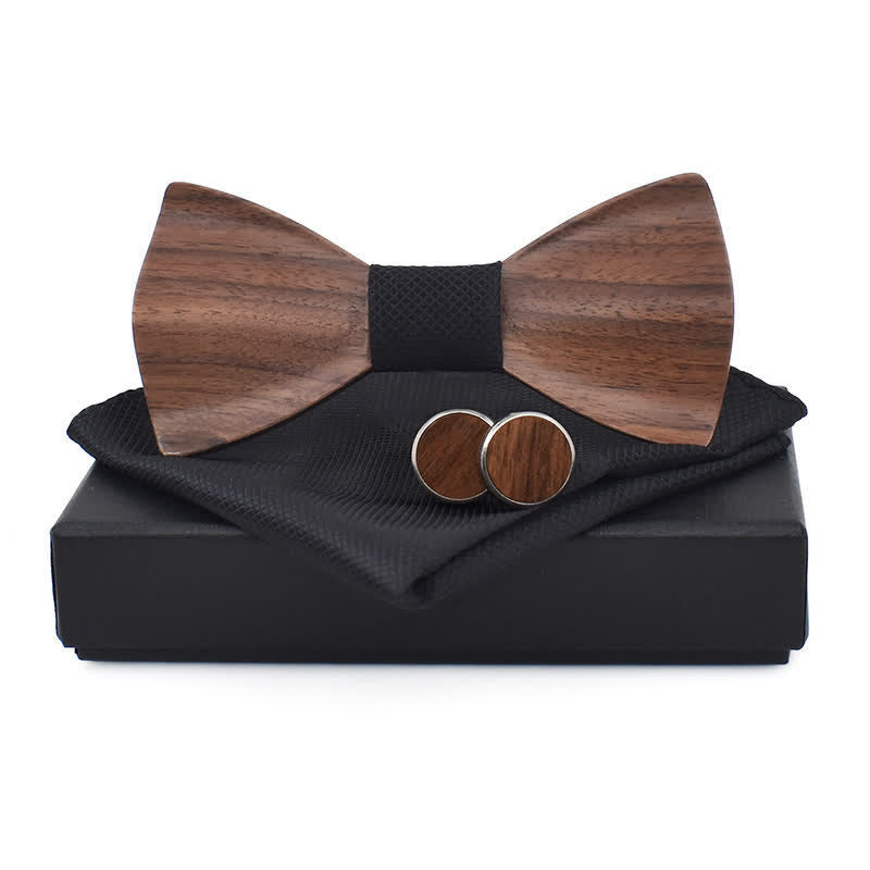 3Pcs Men's Plain Checkered Wooden Bow Tie Set