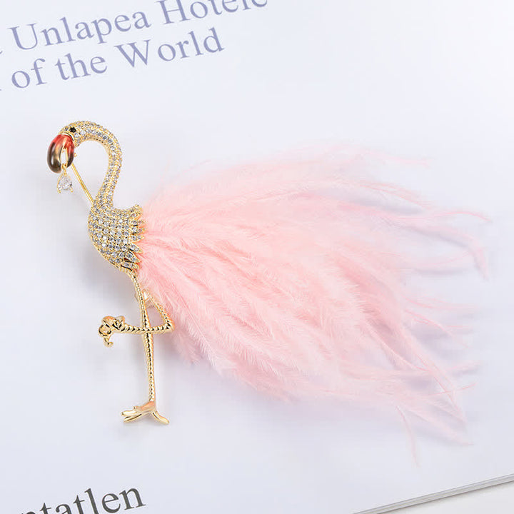 Sparkling Flamingo Zircon Feather Brooch