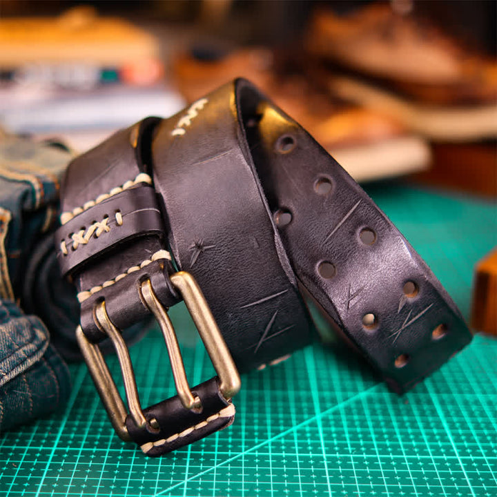 Men's Wide Double Pin Buckle Leather Belt - Black - 46 - image 10