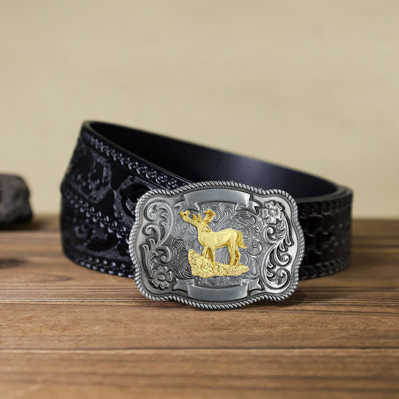 Men's DIY Gold Carving Animal Buckle Leather Belt - Deer - Black Carved Belt (40) - image 33