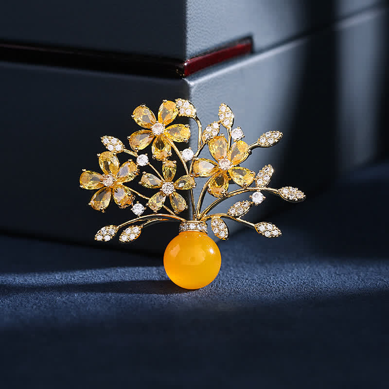 Women's Flower Bouquet Vase Brooch - Yellow - image 0