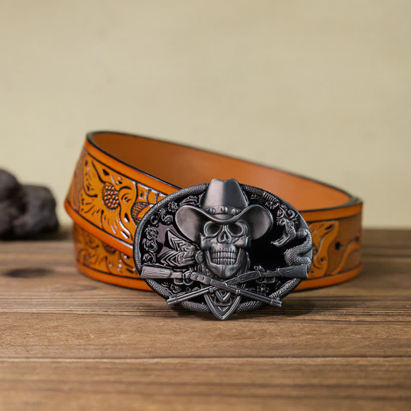 Men's DIY Skull With Cross Guns Buckle Leather Belt