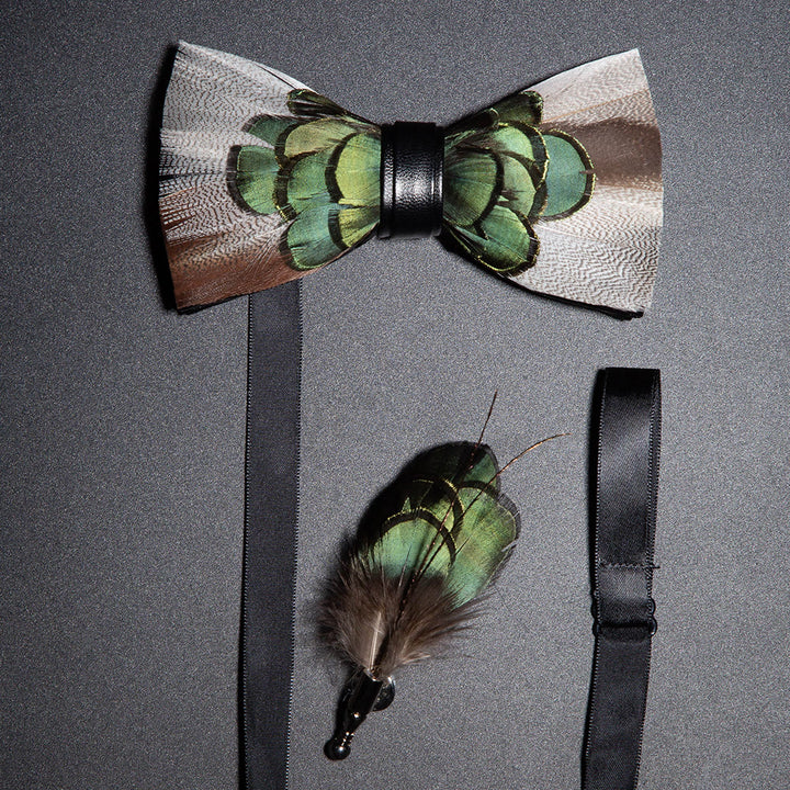 Grey & Forest Green Feather Bow Tie with Lapel Pin