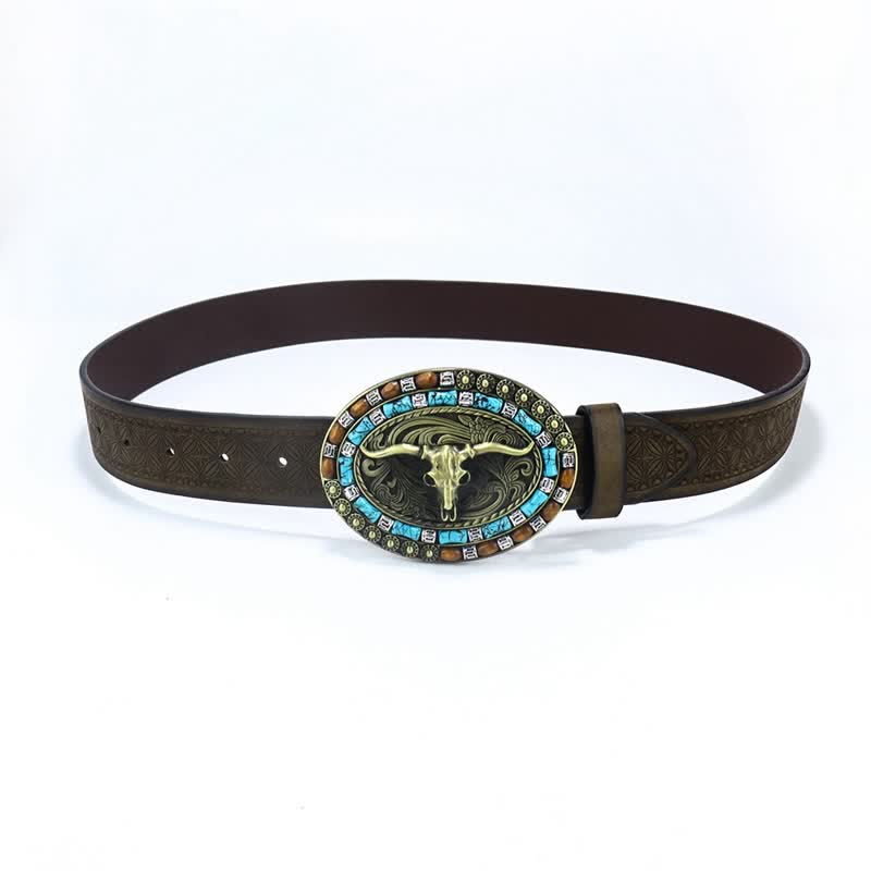 Men's Western Cowboy Turquoise Bull Leather Belt