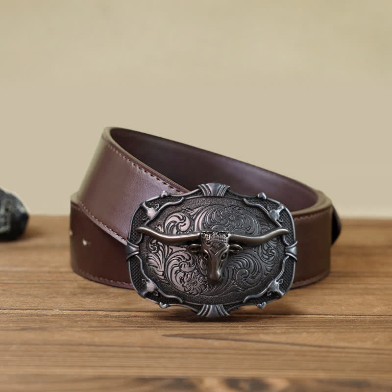 Men's DIY Silver Longhorn Bull Square Buckle Leather Belt