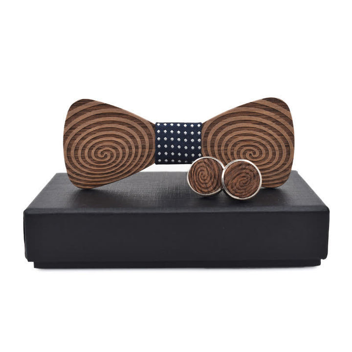 2Pcs Men's Hypnosis Swirl Printing Wooden Bow Tie Set