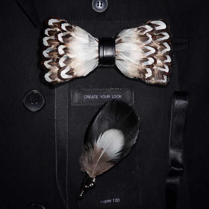 White & Brown Wilderness Feather Bow Tie with Lapel Pin