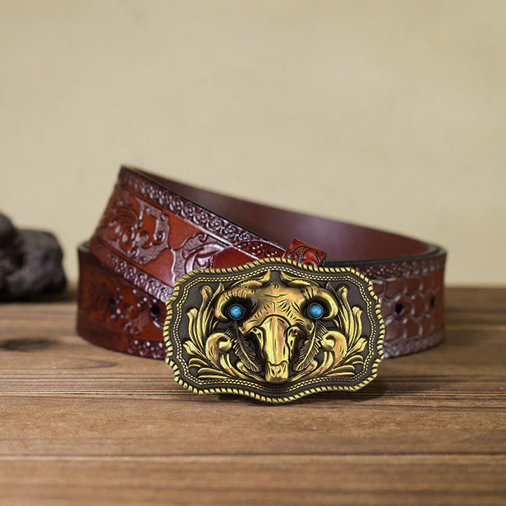 Men's DIY Goat Skull Turquoise Buckle Leather Belt