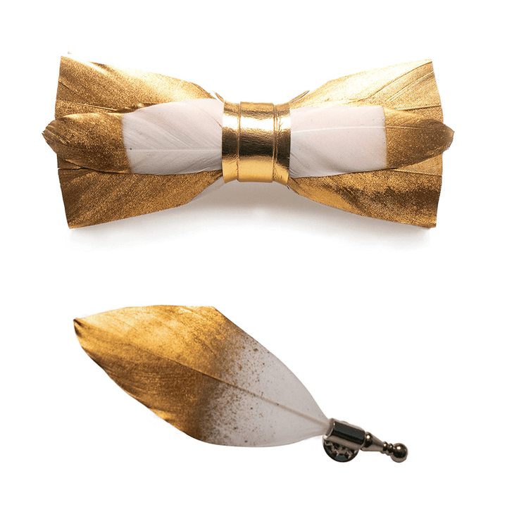 Kid's Gold & White Butterscotch Feather Bow Tie with Lapel Pin