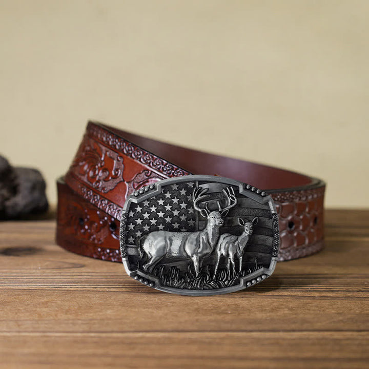 Men's DIY Deer Hunter American Flag Buckle Leather Belt