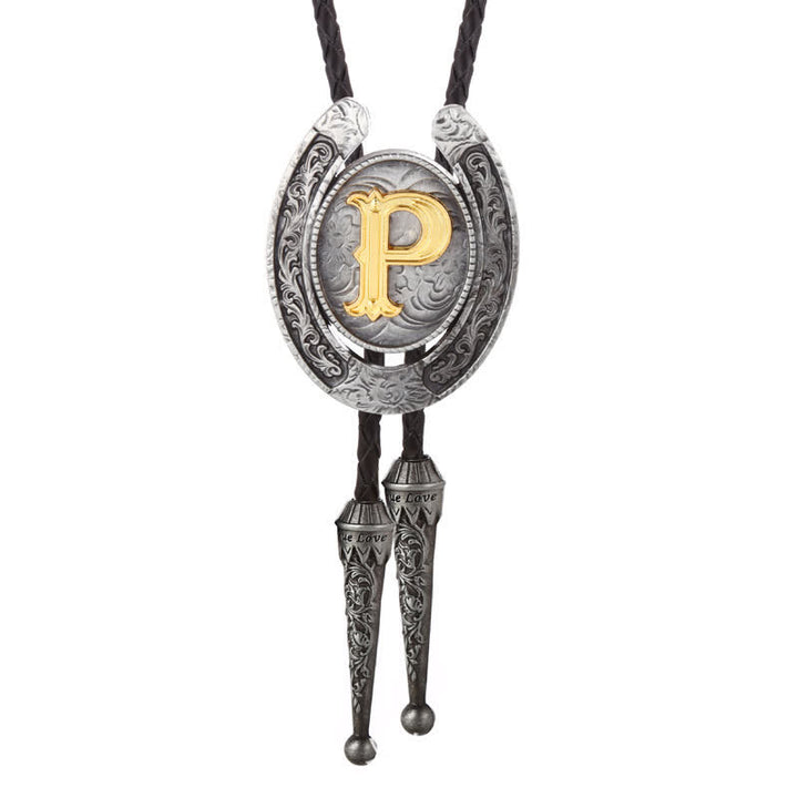 Modern Western Horseshoe Initial Letter A To Z Bolo Tie - Silver - P - image 45