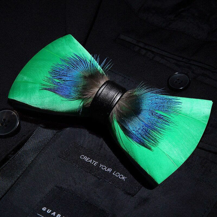 Blue & Green Novelty Feather Bow Tie with Lapel Pin