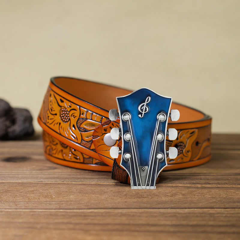 Men's DIY Musical Guitar Headstock Buckle Leather Belt