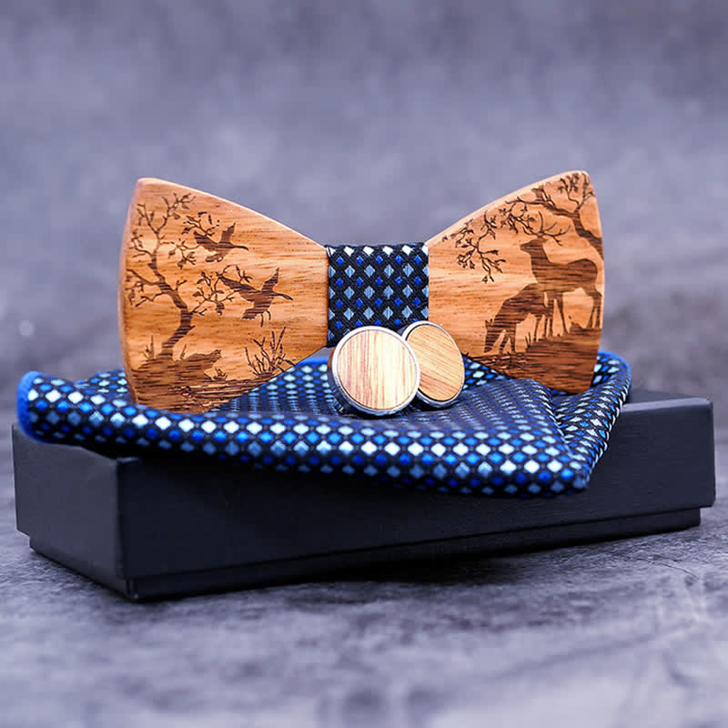 3Pcs Men's Fancy Christmas Elk Wooden Bow Tie Set