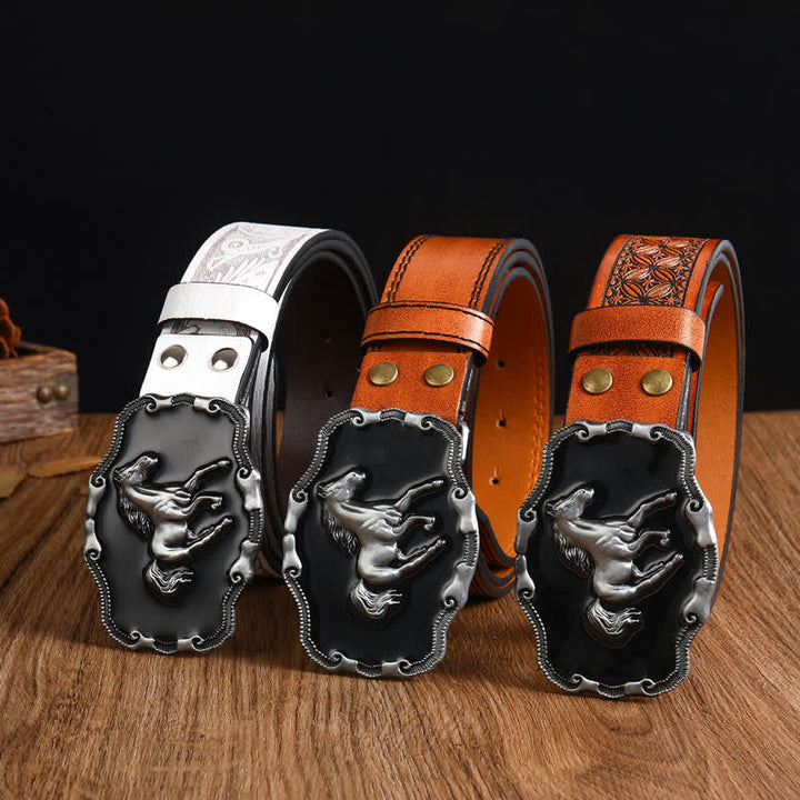 Men's Black Silver Running Horse Leather Belt