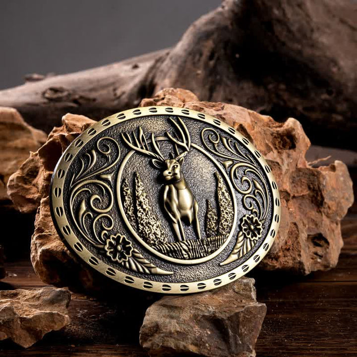Men's DIY Forest Deer Oval Buckle Leather Belt - Antique Bronze - Without Belt - image 3