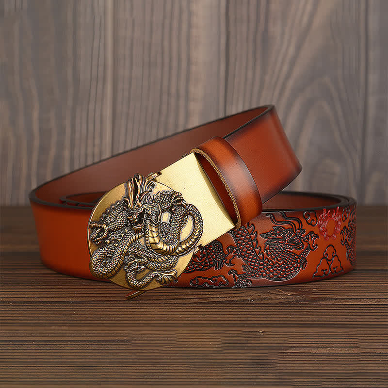 Men's Flame Dragon Round Automatic Buckle Leather Belt